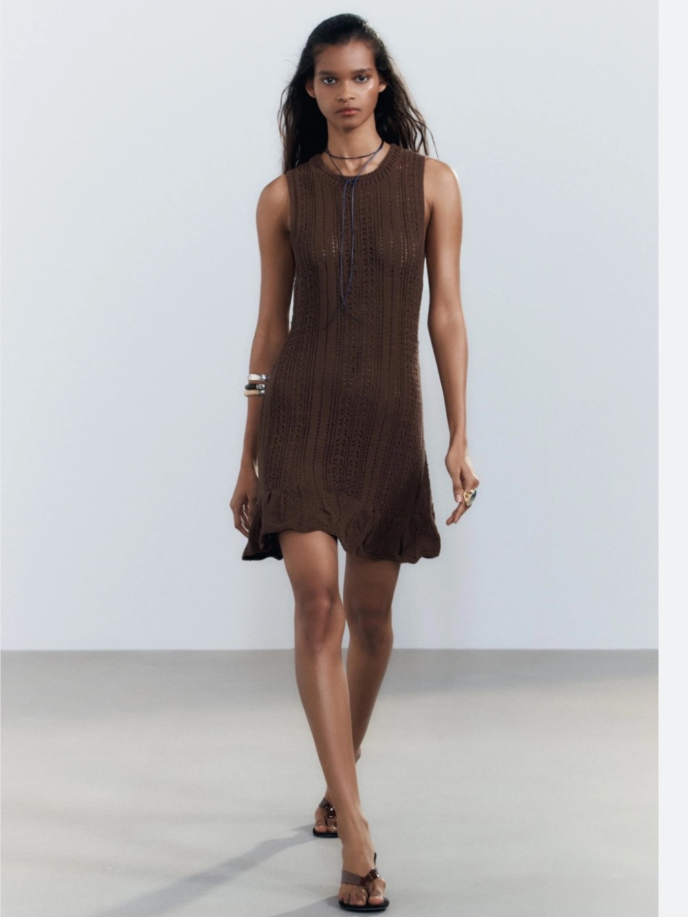 Zara Brown Sleeveless Crochet Mini Dress